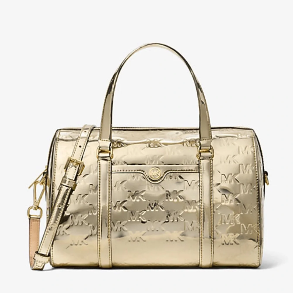 MICHAEL KORS Jet Set Md Metallic Logo Debossed Satchel Duffle
Pale Gold
NWT - Picture 2 of 16